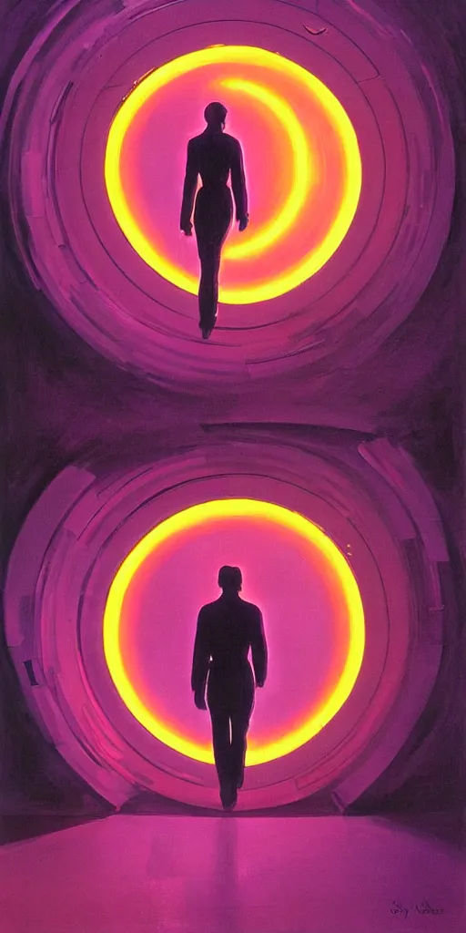 Image similar to a beautiful painting of a person walking out of a stargate by syd mead 8 k particulate neon light film grain