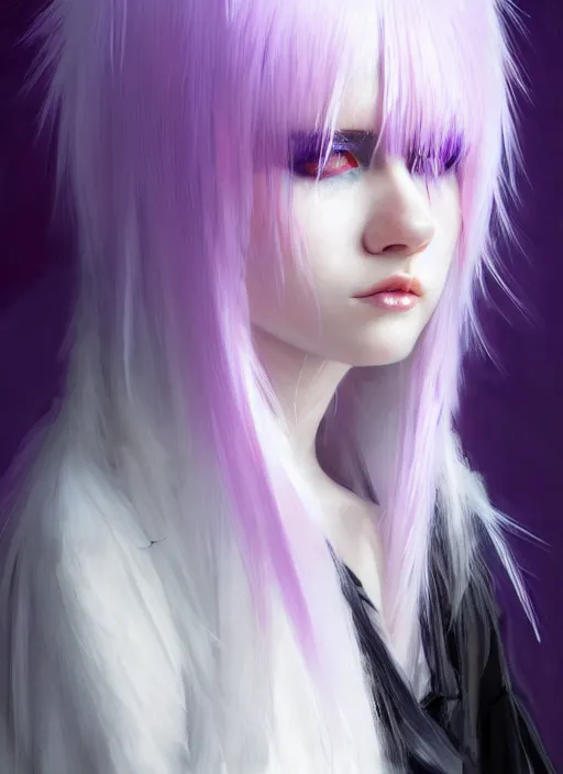 Image similar to hair whitebangs hair, black cyberlox, portrait of normal teenage girl, white bangs, messy bangs, fluffy bangs, cyberlox, whitebangs, red irises, purple background, intricate, elegant, highly detailed, digital painting, artstation, concept art, sharp focus, smooth, illustration, art by wlop, mars ravelo and greg rutkowski