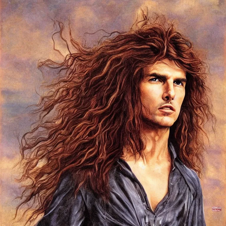 Prompt: Pre-Raphaelite portrait of Tom Cruise as the leader of a cult 1980s heavy metal band, with very long blond hair and grey eyes