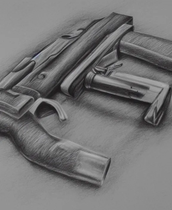 Image similar to a pencil drawing of a gun on a table. by pen tacular