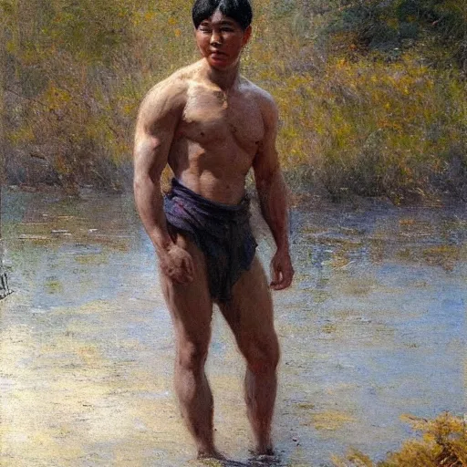 Image similar to asian man by the river, muscular, painted by Gaston Bussiere, Craig Mullins