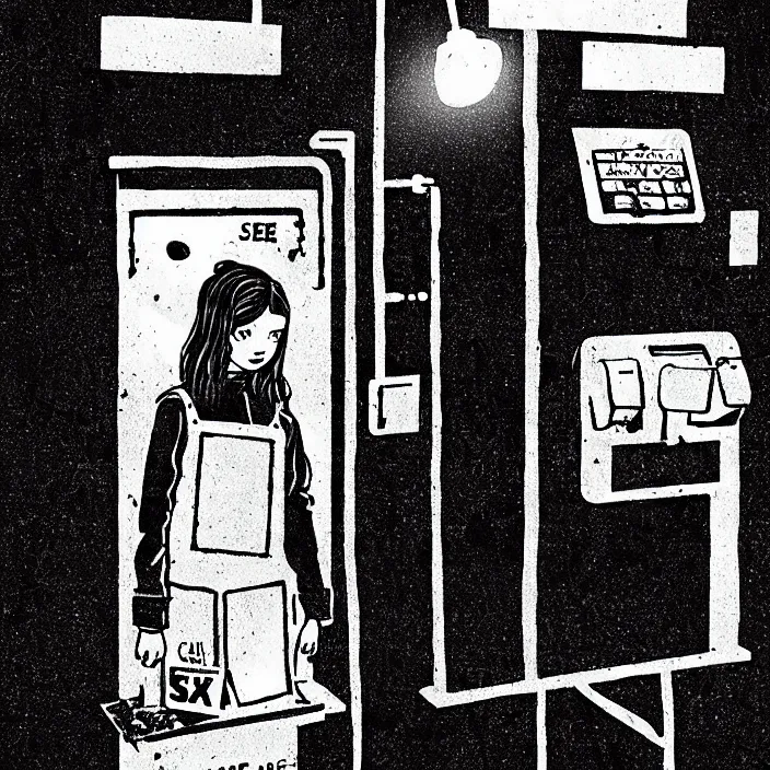 Image similar to sadie sink as a coal miner : inserts a card into a slot. inside a minimalist dirty automated kiosk. bright tasty food options displayed on a wall. black tiles on walls. a seat and table. black and white, pencil and ink. by gabriel hardman, joe alves, chris bonura. cinematic atmosphere, detailed and intricate, perfect anatomy