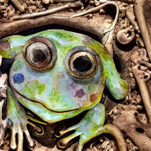 Prompt: archaeological artifact. photograph. watercolor painting. frog. frog. frog. death and decay. cemetery; exposed bones. elephant graveyard; cartilage. ancient burial ground. frog frog frog!