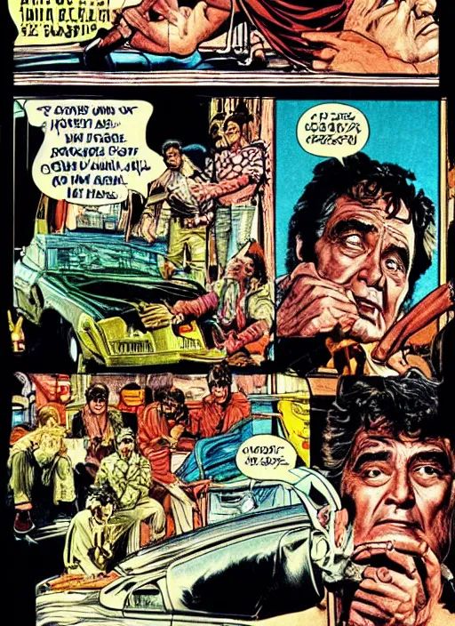 Prompt: Columbo in Creepshow (1982), comic book panels, artwork by Bernie Wrightson, full color, detailed