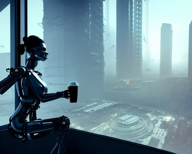 Image similar to terminator mechanical cyborg lady with borg enhancements and optical fibers and human face is drinking coffee near a window with dystopian city visible outside. very detailed 8 k. cyberpunk fantasy style. unreal engine render. global illumination. nanite. rtx. path tracing.