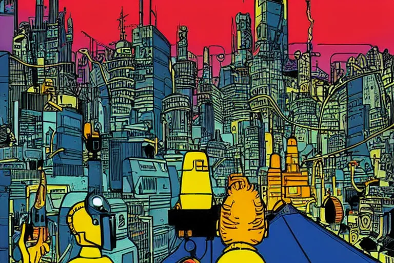 Image similar to sci-fi, futuristic city, cyberpunk, TinTin style! art by Hergé!!