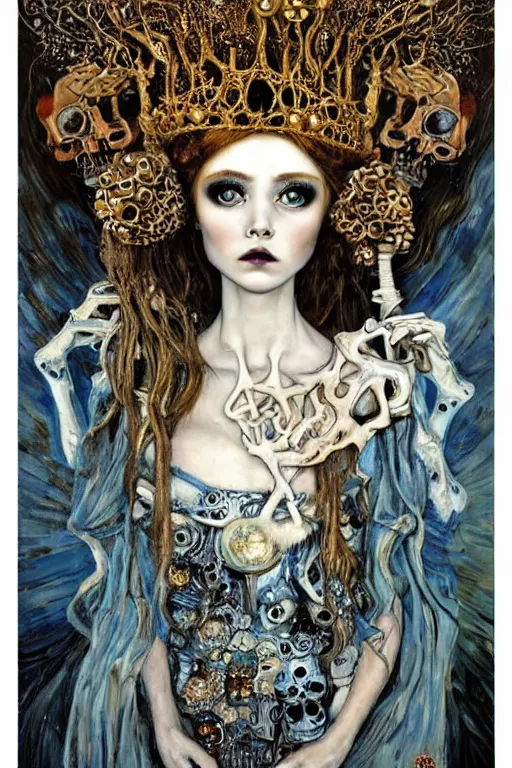 Prompt: The Princess of Bones by Karol Bak, Jean Deville, Gustav Klimt, and Vincent Van Gogh, portrait of a porcelain doll princess wearing a crown, beautiful porcelain ball-joint doll face, BJD, pale blue eyes, mystic eye, otherworldly, crown made of bones, ornate jeweled crown, skulls, fractal structures, arcane, inscribed runes, infernal relics, ornate gilded medieval icon, third eye, spirals, rich deep moody colors