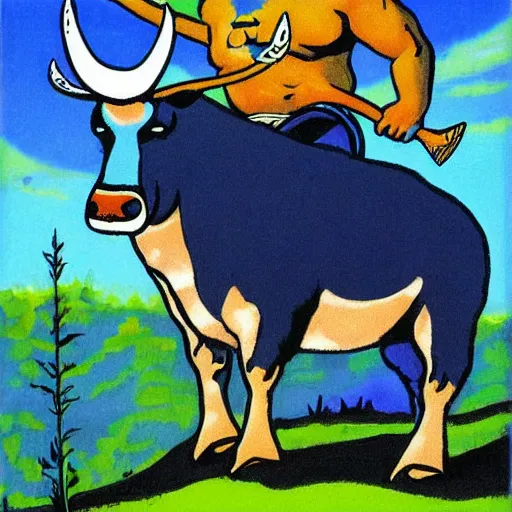 Prompt: blue ox, rider - waite art style, tarot card