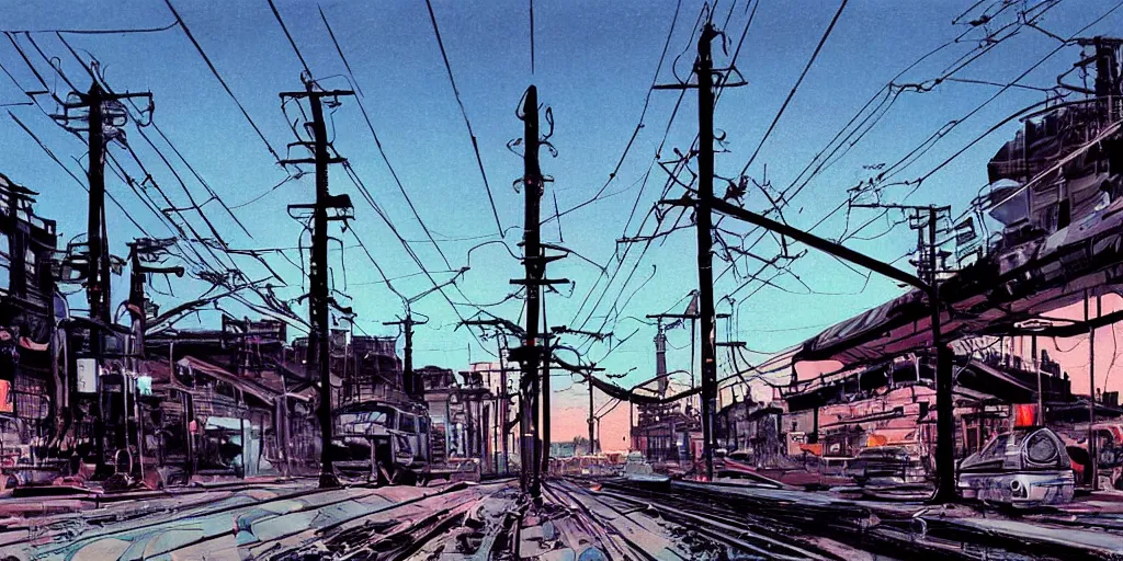 Prompt: post apocalyptic wasteland overhead wires telephone poles neon futuristic cyberpunk sunset clouds sky streetcar tram subway tunnel illustration by syd mead