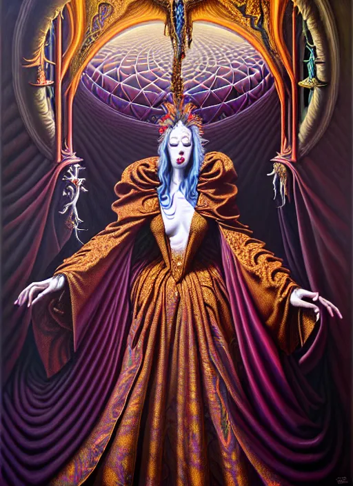 Image similar to beautiful oil painting, full length portrait of vampire dauphinois in baroque coronation robes 1 7 0 1, dan mumford, dan mumford, alex grey, hyacinthe rigaurd, highly detailed, lsd visuals, dmt fractal patterns, visionary art, psychedelic art, ornate, vaporwave, baroque, greg rutkowski