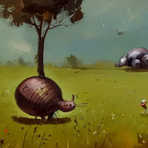 Image similar to tiny mouse riding a large snail across a field, painting by ismail inceoglu,