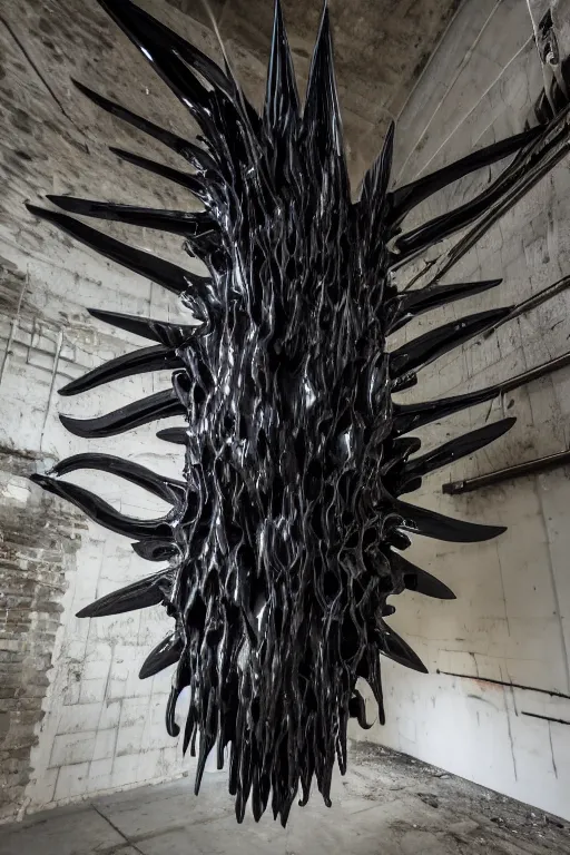 Prompt: ASYMMETRICAL irregular enochian brutalist black-metal spiraling jagged winged sculpture made of glossy black liquid latex and industrial hardware, hanging from ceiling in abandoned basement, designed by nancy grossman, anish kapoor, herman nitsch, 8k, hyperrealistic, hyper-detailed, highly textured, gloss finish, sharp focus, dark volumetric lighting