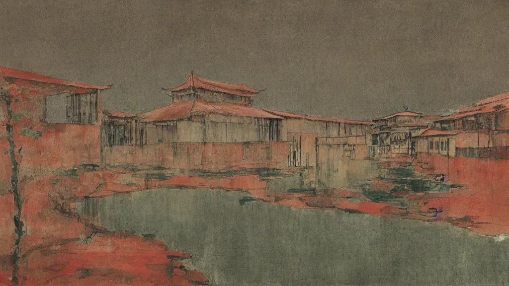 Image similar to a chinese prison near a river by peter doig, muted colors