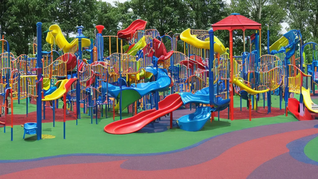 Prompt: A very complex and intricate fun park playground with slides and structures made out of plastic and steel. This park playground was banned for being far too dangerous.