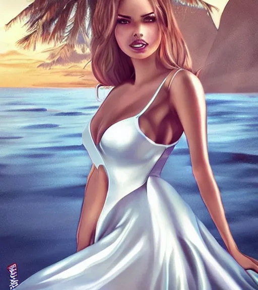 Prompt: beautiful princess wearing a skintight satin prom dress on the beach drawn by artgerm