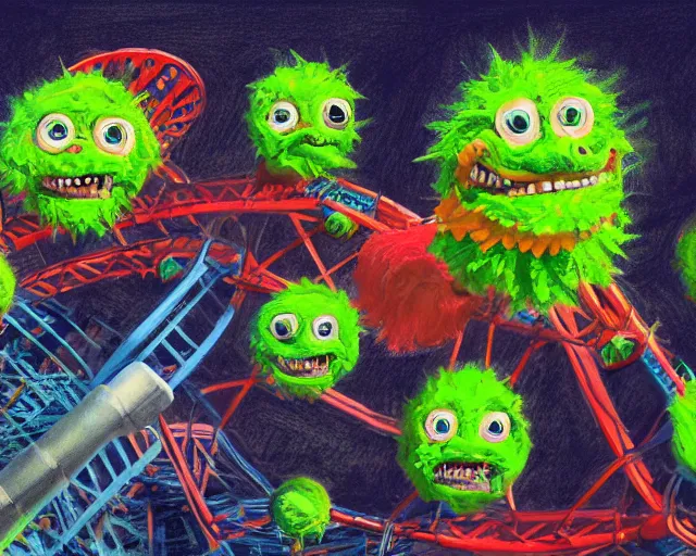 Prompt: tennis ball monsters, theme park, roller coaster, digital art, fantasy, magic, chalk, chalked, trending on artstation, ultra detailed, detailed, fine details, professional illustration by basil gogos