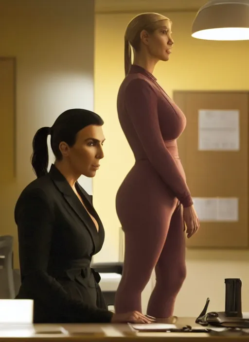Prompt: a pov, color cinema film still of kim kardashian as kim wexler speaking to saul goodman at a desk, cinematic lighting, from better call saul.