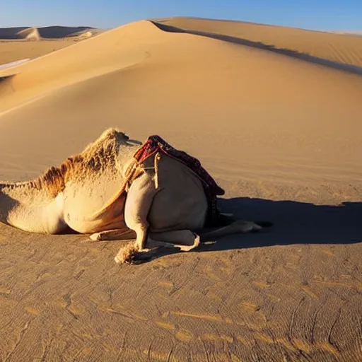 Prompt: deceased camel in the desert covered by a thin layer of sand