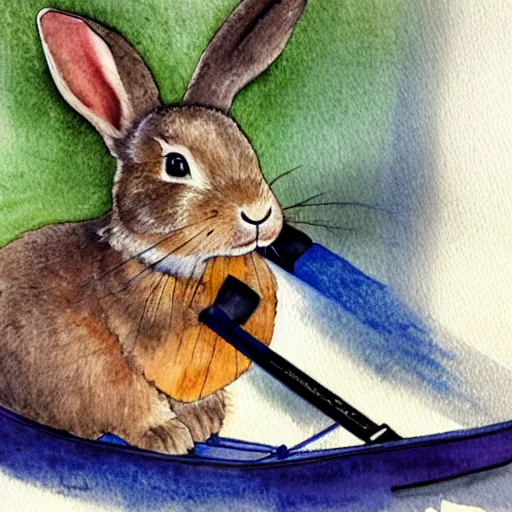 Prompt: a rabbit using a rowing machine, realistic watercolour