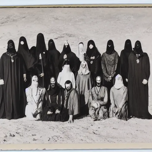 Prompt: vintage photo group portrait of a esoteric cult members in desert, early black and white 8mm, wear red tunics and gold mask and jewels