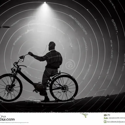 Prompt: two guys using one bicycle as a stroboscope in front of an audience, techno, foggy, dark, intense, rendering, high details