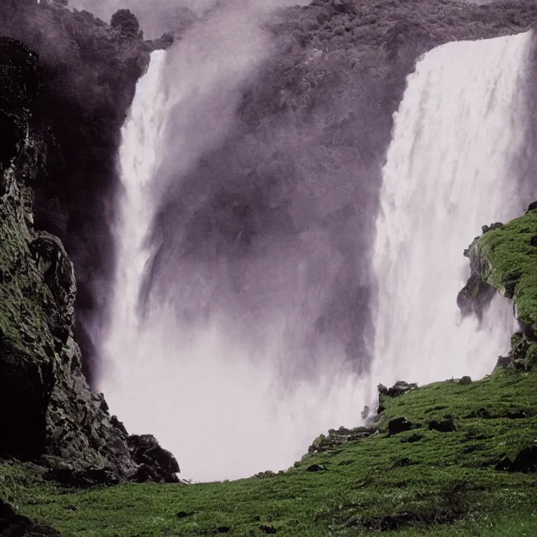 Prompt: bright and vibrant 1 9 7 0's artistic color spaghetti western film, a large huge group of women in a giant billowing wide long flowing waving shining bright white dresses made of white smoke, standing inside a green mossy irish rocky scenic landscape, huge waterfall, volumetric lighting, backlit, atmospheric, fog, extremely windy, soft focus