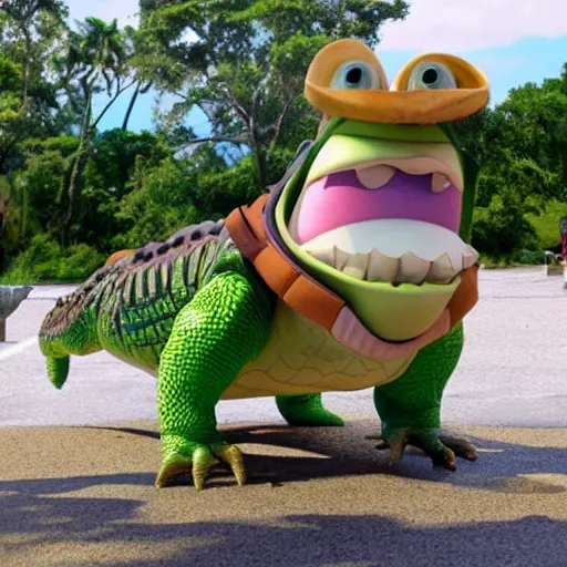 Image similar to a crocodile dressed as a tourist, pixar movie still