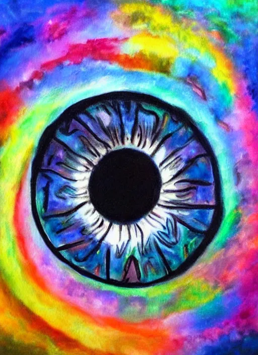 Image similar to a beautiful painting of a single all-knowing eye in a cloudy sky, visionary art, beautiful colors