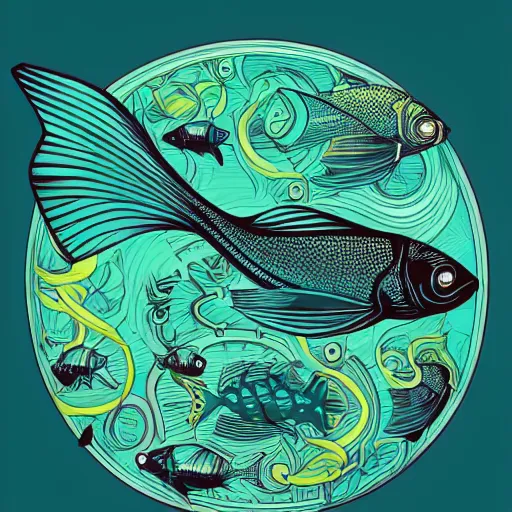 Image similar to one stylized fish in center of view, viewed in profile, dark ocean, complex patterns, artstation, intricate, realistic, highly detailed, digital painting, concept art, sharp focus, illustration by tom whalen and charles williams and kilian eng and james jean