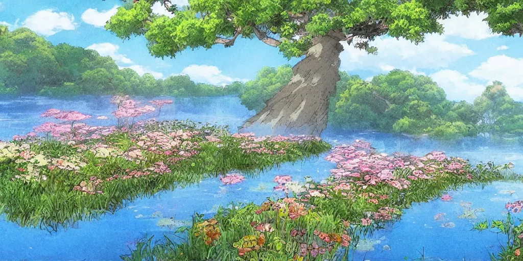 Prompt: a beautiful lake with blooming flowers, fantasy art, by studio ghibli