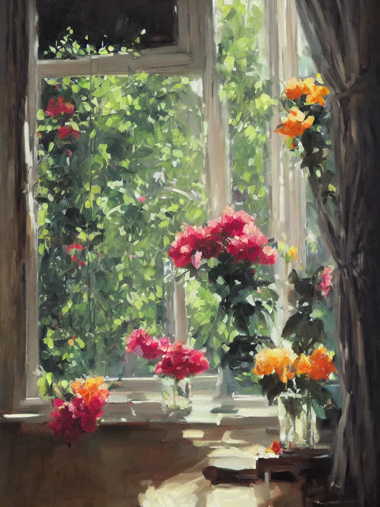 Image similar to gorgeous flowers by Ben aronson, oil on canvas, evening, window with art nouveaucurtains