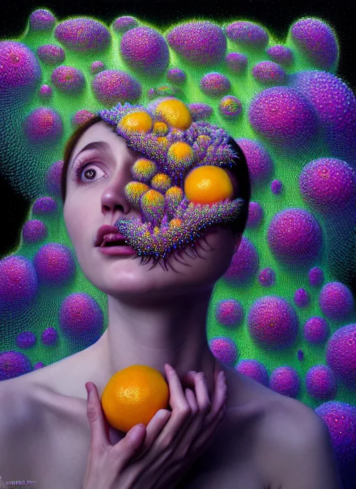 Image similar to hyper detailed 3d render like a Oil painting - Aurora (Singer) Eats of the Strangling Fruit of penance open eyes and Her Hands full of gossamer polyp blossoms bring iridescent fungal flowers whose spores black the foolish stars by Jacek Yerka, Mariusz Lewandowski, Houdini algorithmic generative render, Abstract brush strokes, Masterpiece, Edward Hopper and James Gilleard, Zdzislaw Beksinski, Mark Ryden, Wolfgang Lettl, hints of Yayoi Kasuma, octane render, 8k