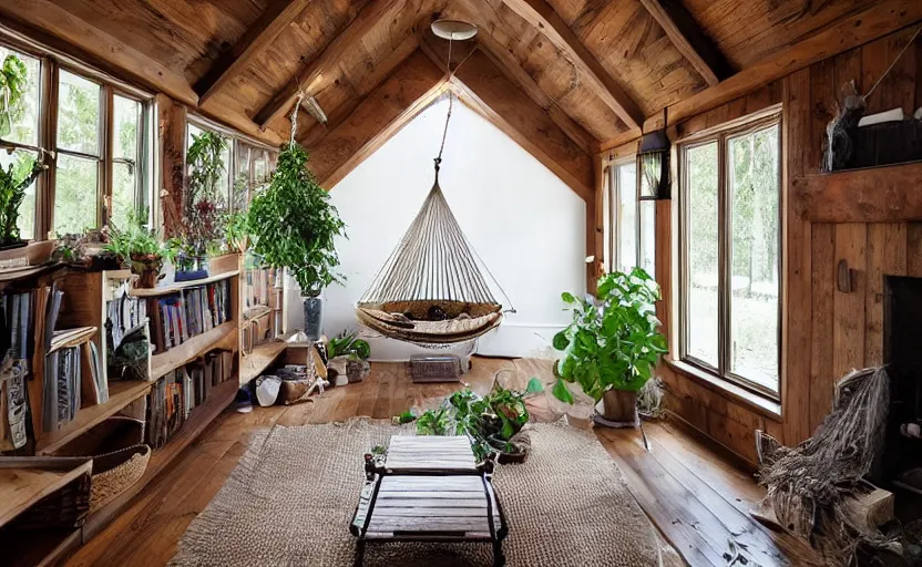 Prompt: cottage living room interior with a hammock and a witch cauldron, sunny, natural materials, rustic wood, window sill with plants, vines on the walls, dried herbs under the ceiling bookshelves, design