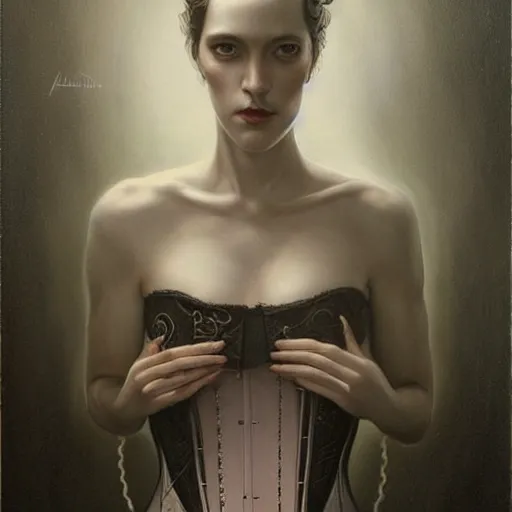 Prompt: by Tom Bagshaw, ultra realist soft painting of lovecraft curiosities, single female in a corset, tentacles, symmetry accurate features, very intricate details, focus, curvy, award winning, ultra dense fog