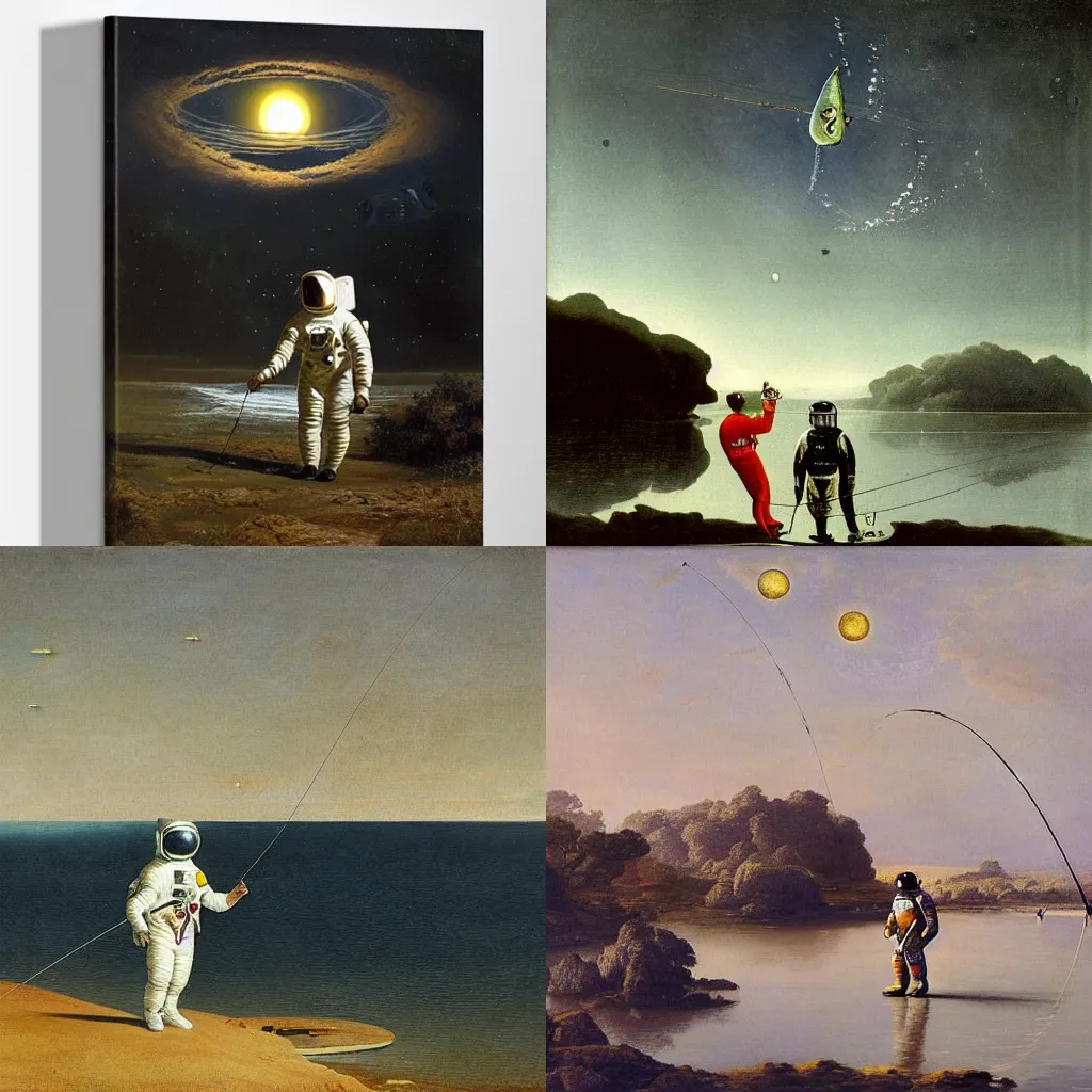 Image similar to astronaut in a spacesuit fishing and catching fish with a fishing rod from the crescent of the moon, realism, landscape