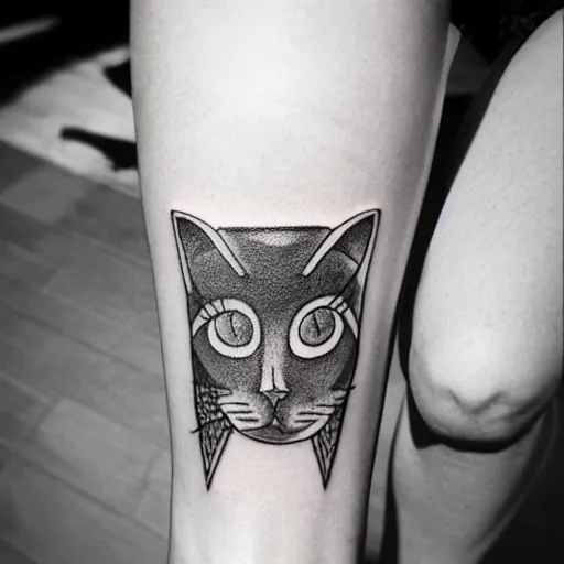 Image similar to stick and poke tattoo of a cat, black and white tattoo, linework