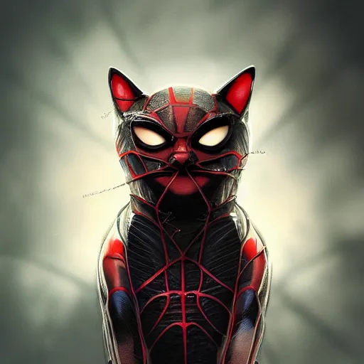 Image similar to cat in a spiderman suit, hyperdetailed, artstation, cgsociety, 8k