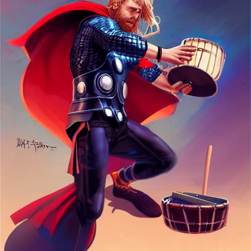 Image similar to thor playing the bongos, comic style by guweiz and stanley artgerm, extremely high quality artwork, very detailed, trending on artstation