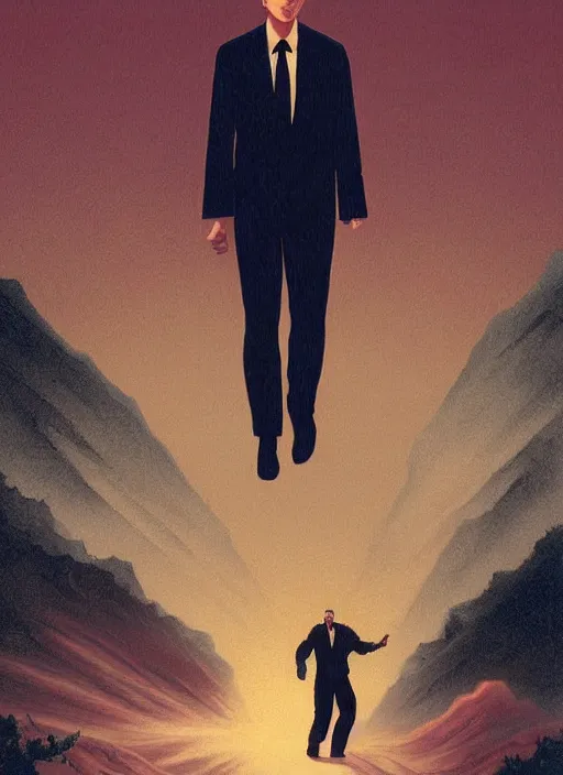 Prompt: Twin Peaks poster artwork by Michael Whelan and Tomer Hanuka, Karol Bak, Rendering of Tom Cruise taking control of the town, from scene from Twin Peaks, clean, simple illustration, nostalgic, domestic, full of details, by Makoto Shinkai and thomas kinkade, Matte painting, trending on artstation and unreal engine