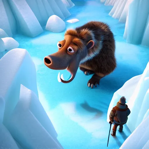 Image similar to a high resolution render symetric of ice age movie trailer scene sid, octane render blender 8 k isometric