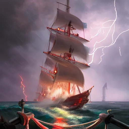 Image similar to a pirate with two peglegs and two hook hands steering a wooden galleon through a rain and lightning storm. view from on deck, sails and masts and rigging, first person deckhand pov, detailed dynamic light painting by peter mohrbacher