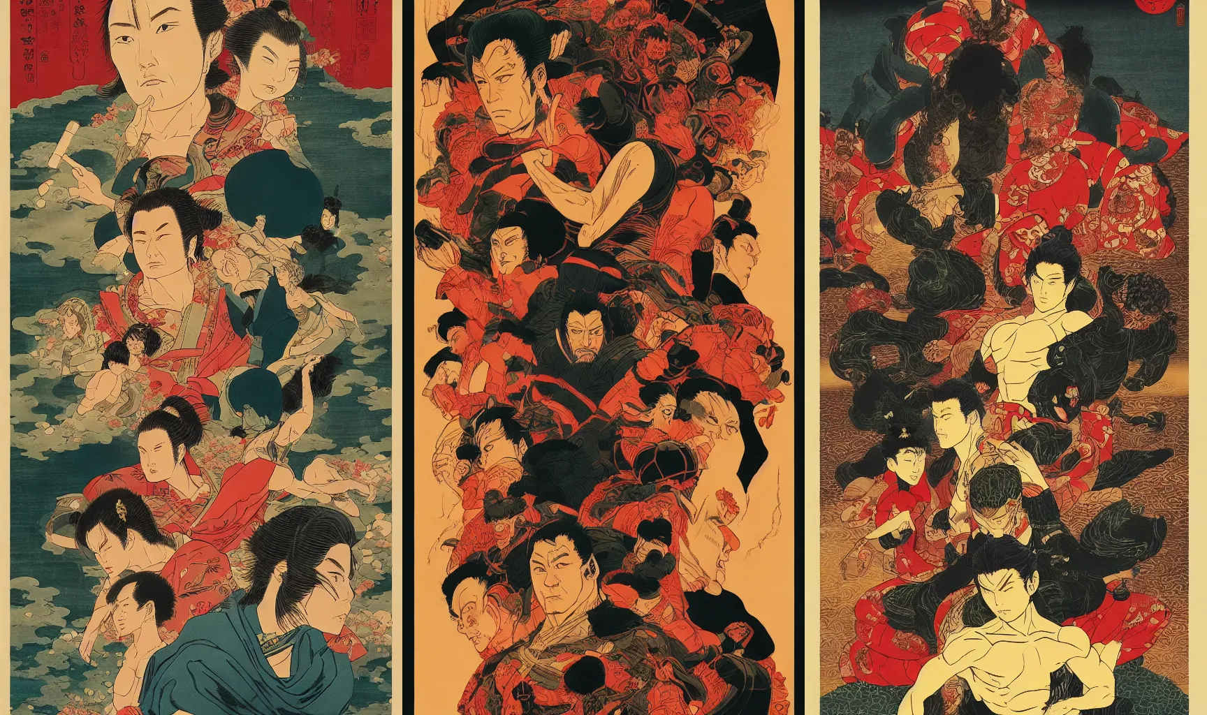 Prompt: the eternals movie poster ukiyo-e, limited palette, highly detailed, full size, well proportioned, floral, brooding