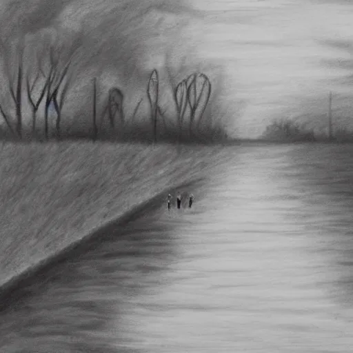 Prompt: A walk along the lake, that was the last time I saw them, charcoal styled art, depressing, sorrow, sadness, turmoil