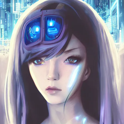 Image similar to A comic potrait of a cyberpunk cyborg girl with big and cute eyes, fine-face, realistic shaded perfect face, fine details. Night setting. Very anime style. Realistic shaded lighting poster by Ilya Kuvshinov katsuhiro, magali villeneuve, artgerm, Jeremy Lipkin and Michael Garmash, Rob Rey and Kentarõ Miura style, trending on art station