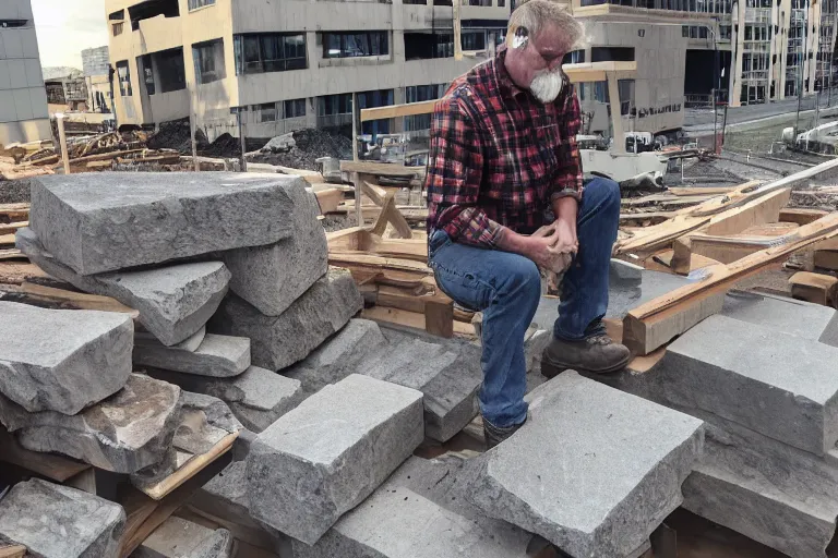 Prompt: a man made of stone, wearing a plaid shirt, working construction