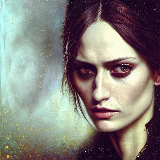 Prompt: highly detailed oil painting | very intricate | cinematic lighting | award - winning | portrait of ruta gedmintas with eyepatch | by roberto ferri, by tom bagshaw, by j. c. leyendecker and klimt, american romanticism, by austin osman spare, artstation, cgsociety, official art, octane