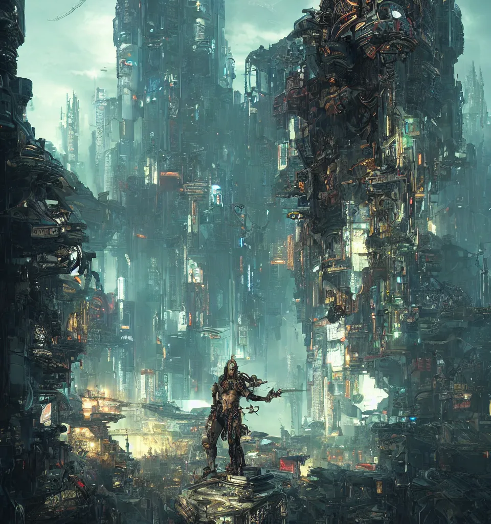 Image similar to cyberpunk gladiator, cinematic, highly detailed, octane render, cg, rich cinematic atmosphere, perfect digital art, mystical journey in strange world, Mystical, cyberpunk, tech war, sci-fi, surreal, glowing lights, sharp focus, high detailed, by Akihiko Yoshida, michael whelan and Karol Bak