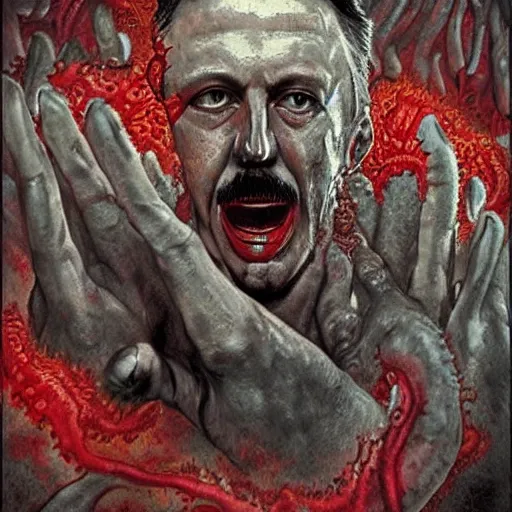 Prompt: igor ivanovich strelkov became an aggressive bloody lovecraftian degenerate abomination, photo - realistic, color image, 2 k, highly detailed, bodyhorror, occult art