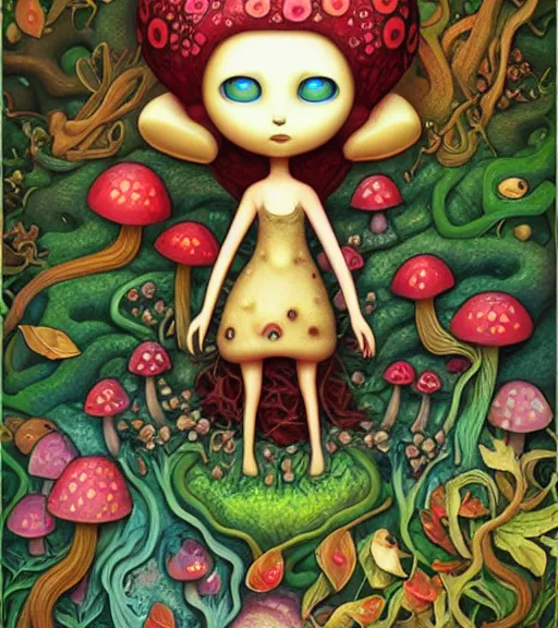 Prompt: Mushroom dryad by Jeremiah Ketner and Hiroyuki Mitsume-Takahashi and Goro Fujita and Mark Ryden and Pixar and Hayao Miyazaki