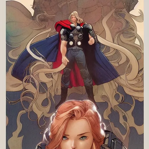 Prompt: thor perfect coloring, low saturation, epic composition, masterpiece, bold complimentary colors. stunning masterfully illustrated by artgerm, range murata, alphonse mucha, katsuhiro otomo